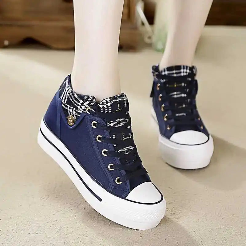 Women's Casual Shoes Flats Ladies Thick Sole Wedge Canvas Shoes Fashion Cowboy Shoes Women Sneakers Lace Up Zapatillas De Mujer