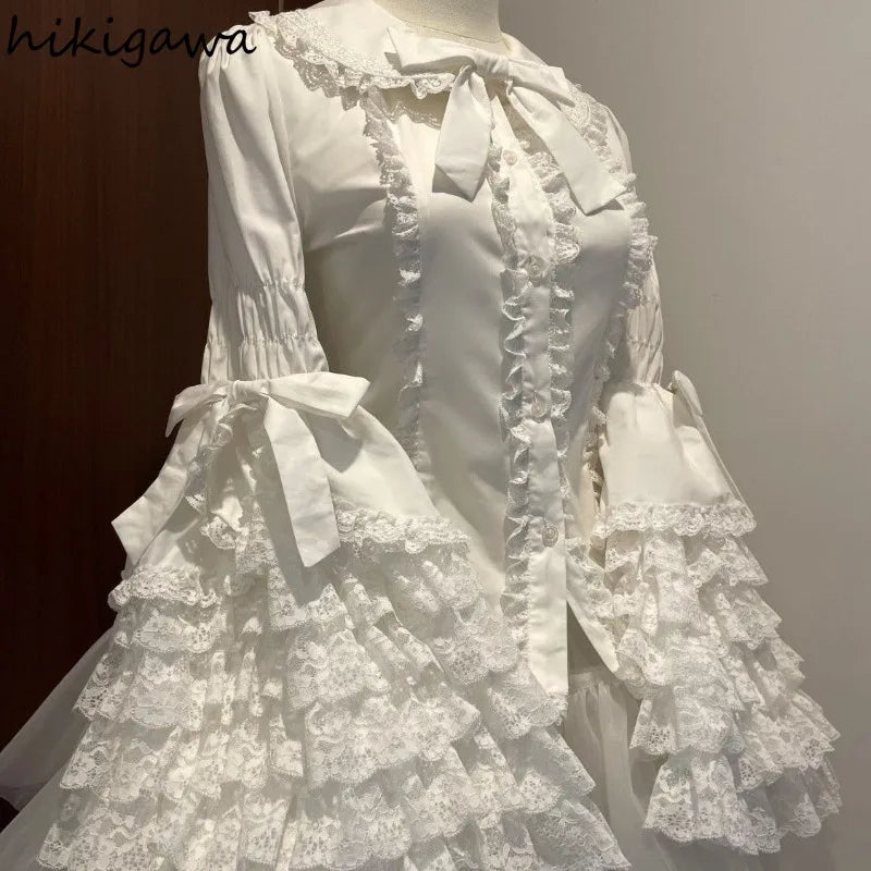 RBB Women's Lolita Lace Ruffle Blouse – Sweet Peter Pan Collar Oversized Flare Sleeve Top