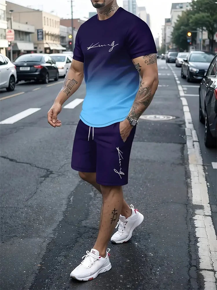 RBB Men’s 2-Piece Summer Outfit – 3D Printed Short Sleeve T-Shirt & Casual Shorts Sportswear Tracksuit