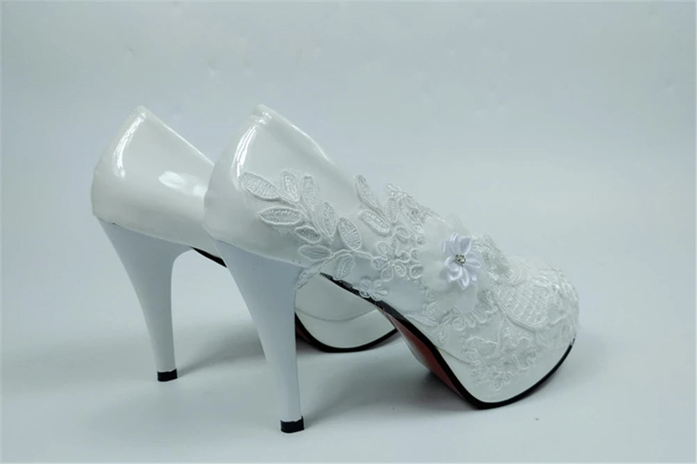 RBB Spring New Round-Toe Waterproof Platform Lace Rhinestone Low-Heel Wedding Shoes – Thin High-Heeled Dress Shoes