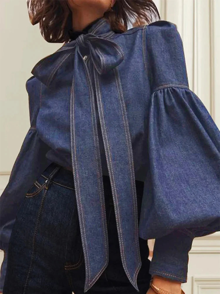 RBB Women's Imitation Denim Blouse – High Neck Puff Sleeve Top with Bow Detail