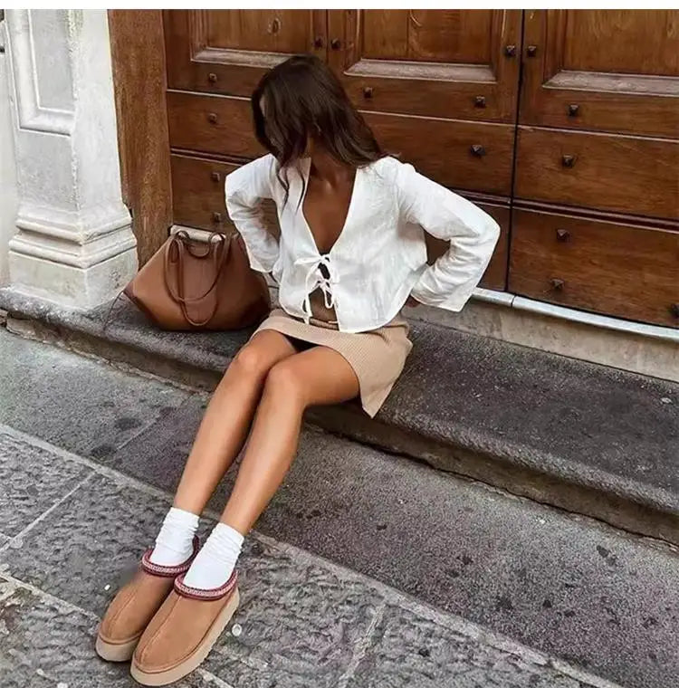 RBB Women's Elegant Lace-Up Bow Shirt – V-Neck Long Flare Sleeve Top