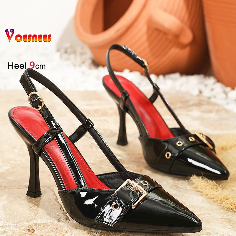 RBB Women’s 9cm Glossy Slingback Pumps – Buckle Strap Pointed-Toe Heels (EU 34–46)