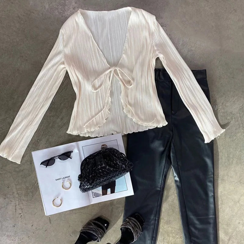 RBB Women's Pleated V-Neck Blouse – Long Flare Sleeve Tie-Up Cardigan Top