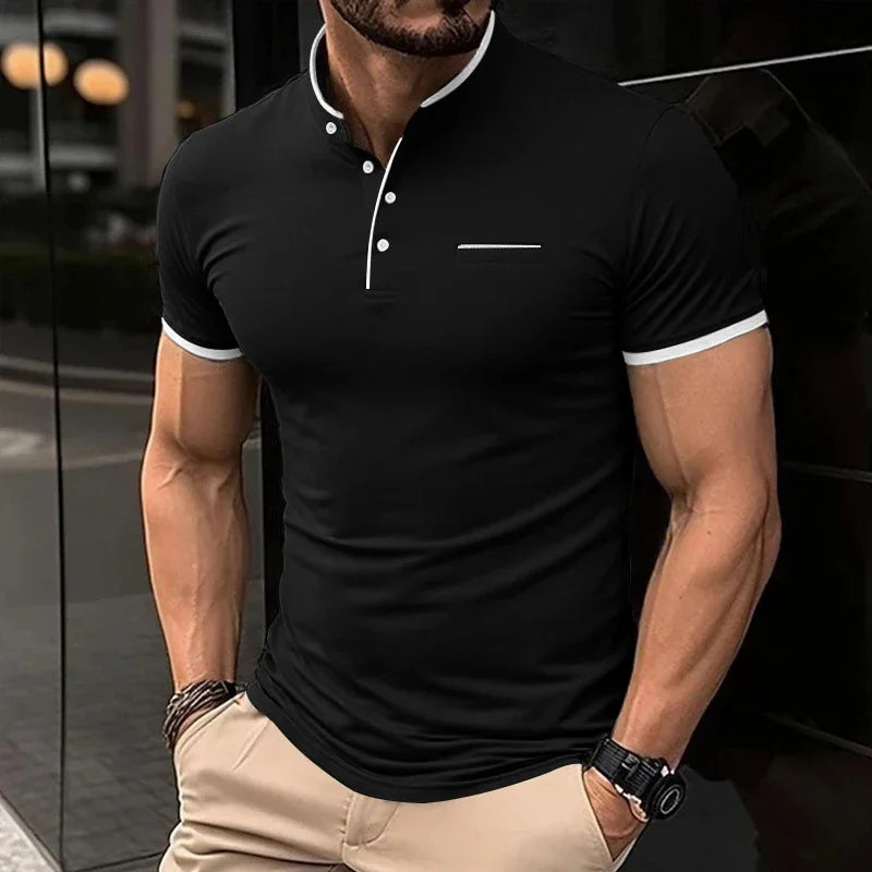 RBB 2025 Men’s Casual Fashion Stand-Up Collar Polo – Solid Color, Short Sleeve, Summer Versatile & Comfortable Top