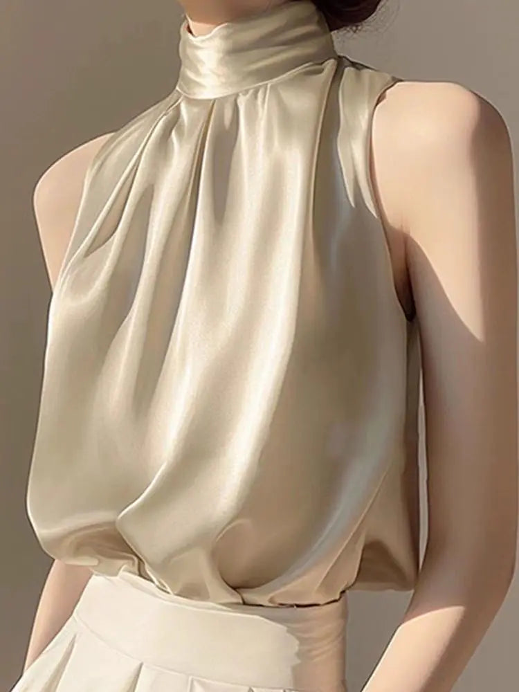 RBB Women's Silky Satin Sleeveless Crop Top – Summer Half Turtleneck Party Blouse