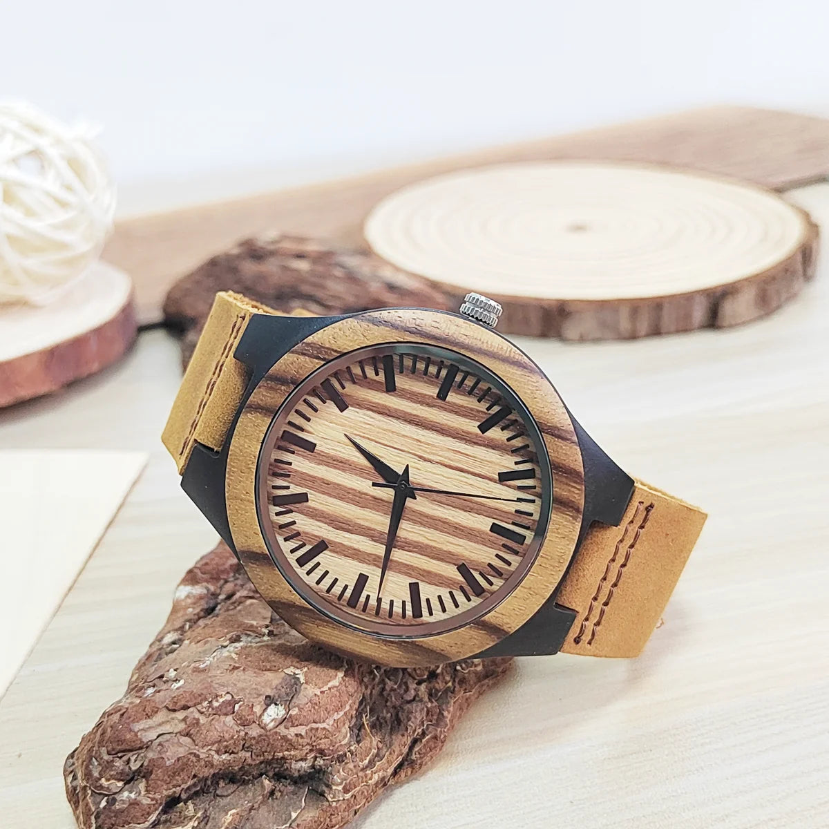 RBB Personalized Wooden Quartz Watch – Unisex Leather Strap, Custom Engraving, Gift-Ready