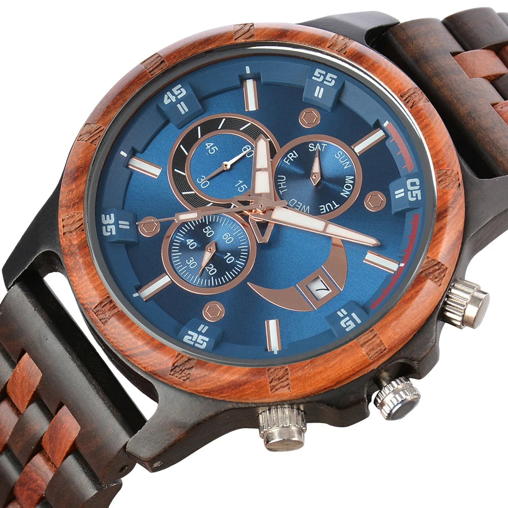 RBB Men’s Wooden Quartz Watch – Date & Week Display with Gift Box