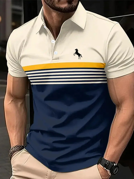 RBB Men's Casual Short Sleeve Polo Shirt – 3D Horse Print, Striped Color Block Design, Sporty Collared Golf Shirt for Summer