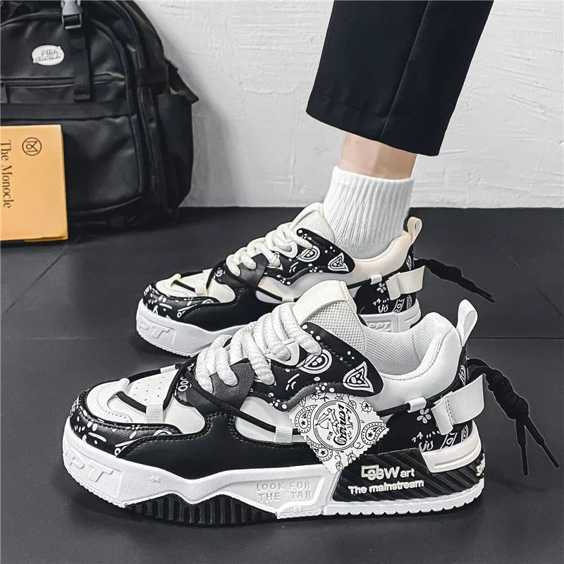 Men’s 2025 Platform Sneakers – Trendy Graffiti Skateboard Lace-Up, Soft Sole, Non-Slip Outdoor Sports Shoes