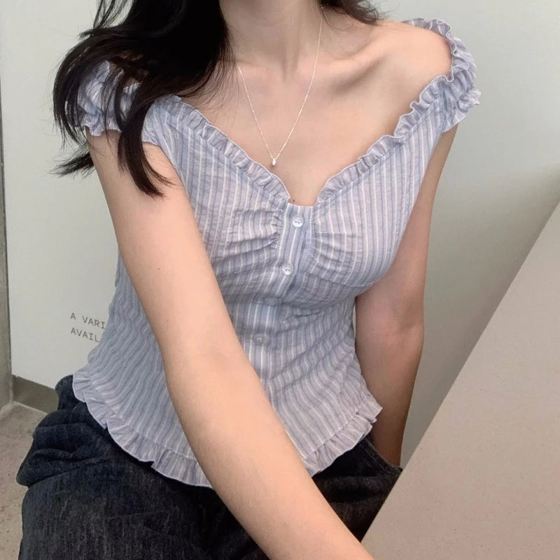 RBB Women's  Striped Lace Trim Shirt – Slim Fit Cotton Long Sleeve Blouse