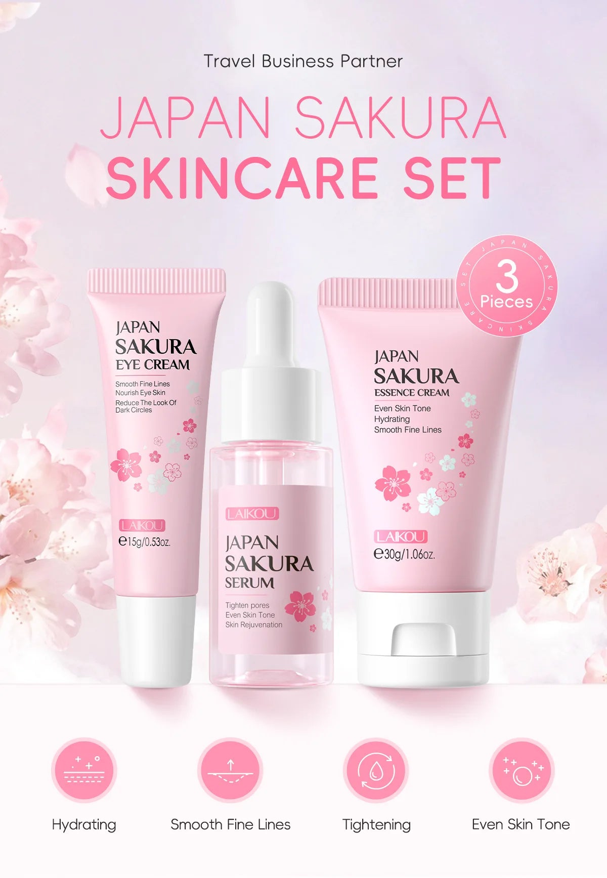 3-Piece Sakura Skincare Set – Cream, Serum & Eye Cream for Daily Moisturizing