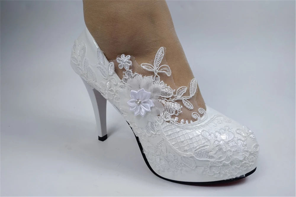 RBB Spring New Round-Toe Waterproof Platform Lace Rhinestone Low-Heel Wedding Shoes – Thin High-Heeled Dress Shoes