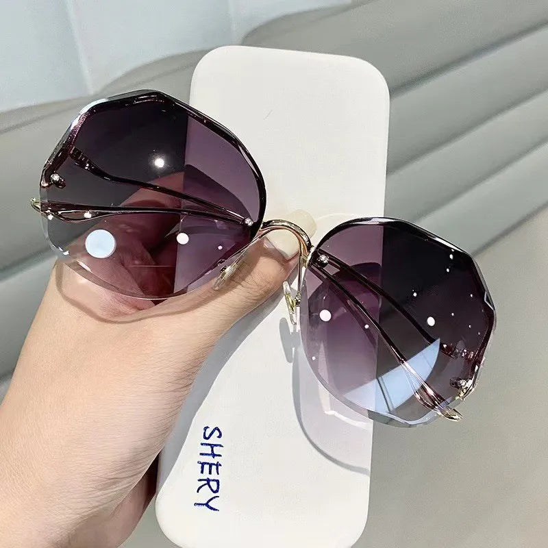 RBB Irregular Rimless Round Sunglasses for Women – Gradient Fashion Designer Shades