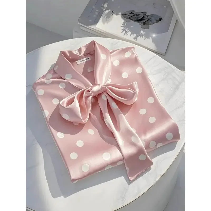 RBB Women's Satin Polka Dot Blouse – Elegant Lace-Up Bow Long Sleeve Top