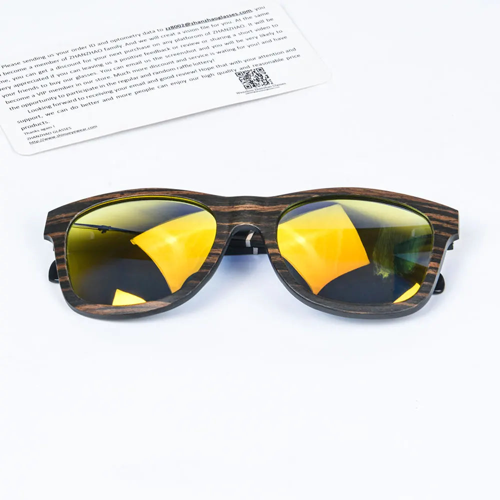 RBB Polarized Wood Frame Sunglasses – Unisex Square Ebony Shades for Biking & Outdoor Wear
