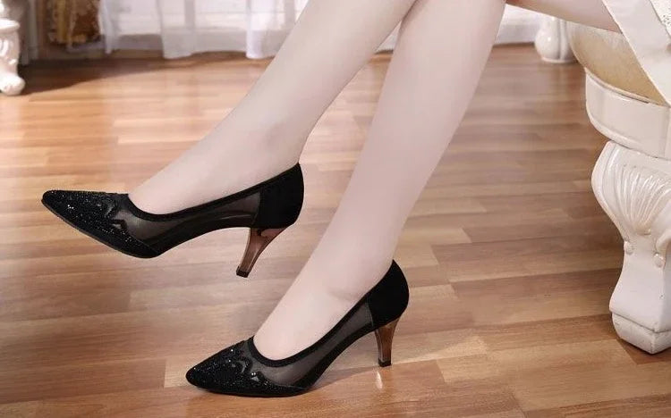 RBB Diamond Crystal Rhinestone Medium Heel Square Pumps – Elegant Women’s Dress Shoes 2025 Trend