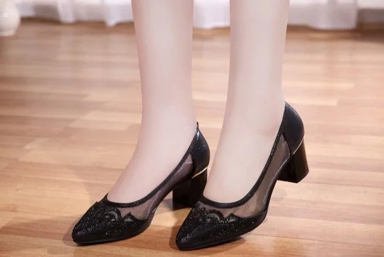 RBB Diamond Crystal Rhinestone Medium Heel Square Pumps – Elegant Women’s Dress Shoes 2025 Trend